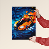 Dripster poster featuring vibrant Alpine Fury car art with an orange sports car and dynamic blue background