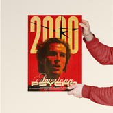 American Psycho poster 2000 by Dripster featuring a red and yellow graphic design with a man's face and clock hands