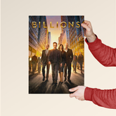 Billions final season poster featuring main cast walking on city street held by person in red sleeves