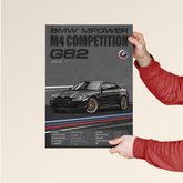 BMW M4 Competition poster by Dripster showcasing a black BMW M4 sports car with performance specs