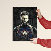 Captain America comic art poster featuring a detailed Marvel superhero portrait held by hands