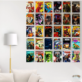 DC Comics poster pack by Dripster featuring colorful classic superhero comic covers on a wall