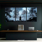 Black Myth Wukong poster set by Dripster featuring a triptych of the warrior against giant mystical creatures