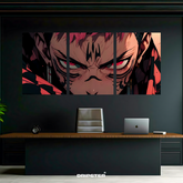 Cursed King Sukuna poster by Dripster showing intense close-up anime face split across three panels