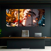 Demon Slayer tri-panel poster set by Dripster showing close-up of anime character with fiery eyes and blood marks