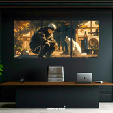 Jujutsu Kaisen wall poster set featuring a character and cat in warm autumn scene above modern office desk
