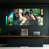 Jujutsu Kaisen wall poster featuring anime characters displayed above modern office desk by Dripster