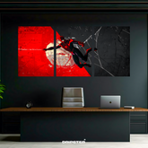 Miles Morales tri-panel poster featuring Spider-Man in black and red suit swinging on web over abstract background