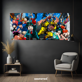 My Hero Academia wall poster by Dripster featuring vibrant anime characters in action split into three panels