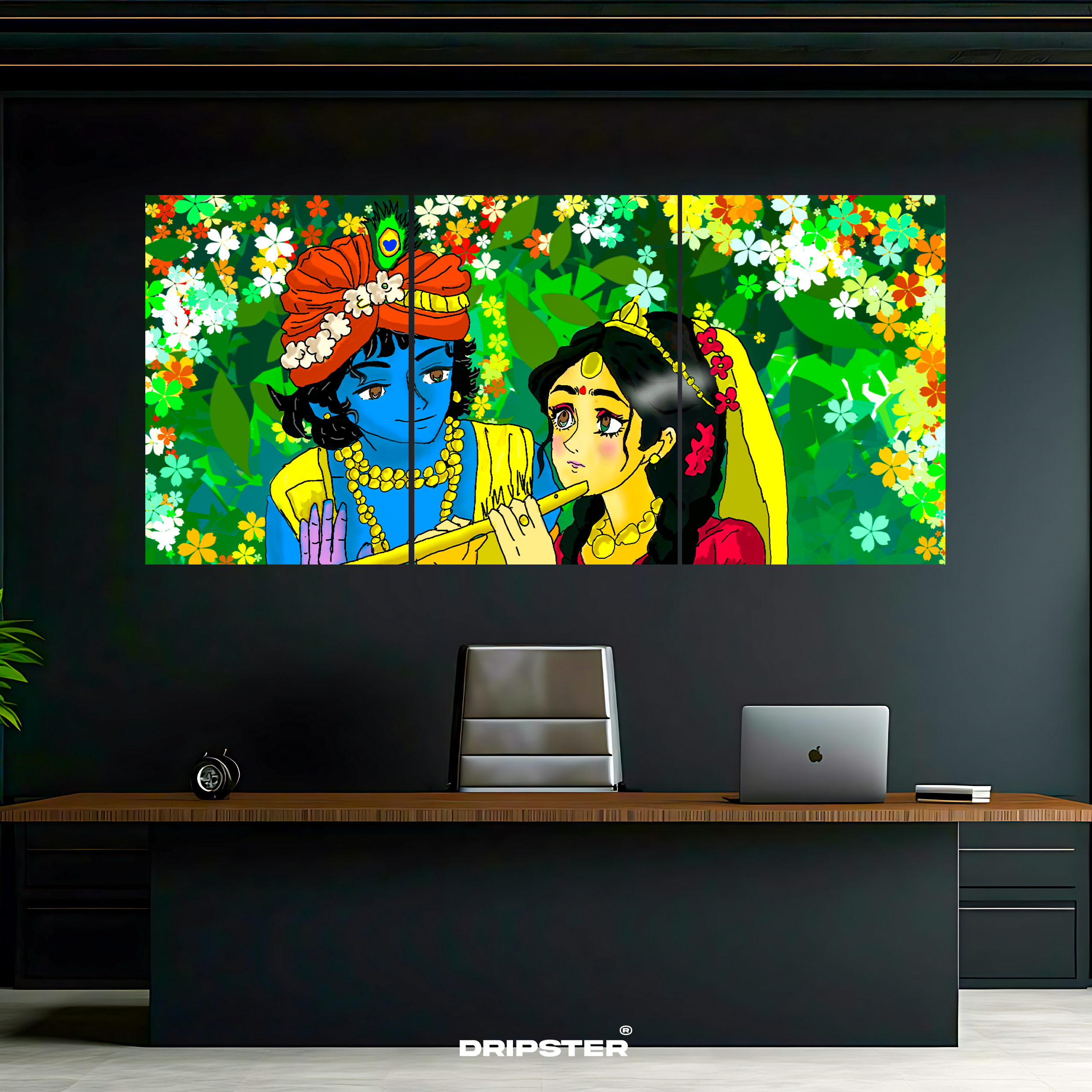 Radha Krishna wall art poster by Dripster featuring colorful floral background in modern office