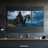 Samurai Rider poster set by Dripster featuring a warrior on horseback against a cloudy mountain landscape