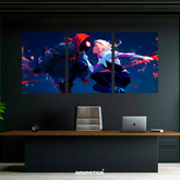 Spider-Verse wall poster set by Dripster showing stylized artwork of two Spider-Man characters in dynamic poses above desk