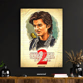 Steve Harrington Stranger Things poster by Dripster featuring illustrated character with vintage lined paper background