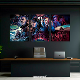 Stranger Things poster set by Dripster featuring characters and scenes from the popular TV series displayed above a modern office desk