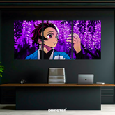 Dripster Tanjiro anime wall art poster set with vibrant purple wisteria flowers above desk