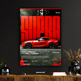 Toyota GR Supra poster by Dripster featuring a red sports car with bold SUPRA text and thrill of driving quote