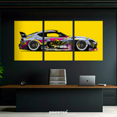 Toyota Supra wall poster by Dripster featuring a colorful race car design on a yellow background