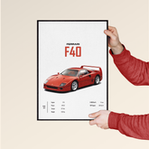 Dripster Ferrari F40 poster showing red Ferrari F40 car illustration with specs and black frame