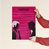 High-quality Fight Club print poster showing silhouette artwork and quotes on red background by Dripster