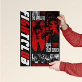 Fight Club poster buy online featuring Edward Norton and Brad Pitt design held by person in red sleeves