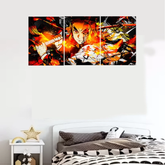 Kyōjurō Rengoku split poster by Dripster hanging above bed featuring vibrant fiery anime character artwork