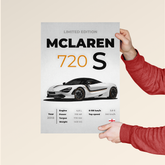 Dripster McLaren 720S poster featuring white sports car with detailed specs and limited edition text