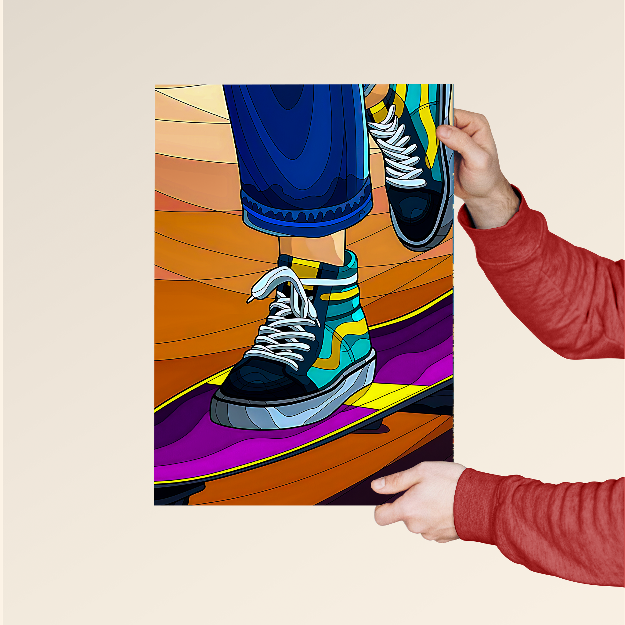 Vibrant modern skateboard poster featuring colorful sneakers and dynamic skateboard design