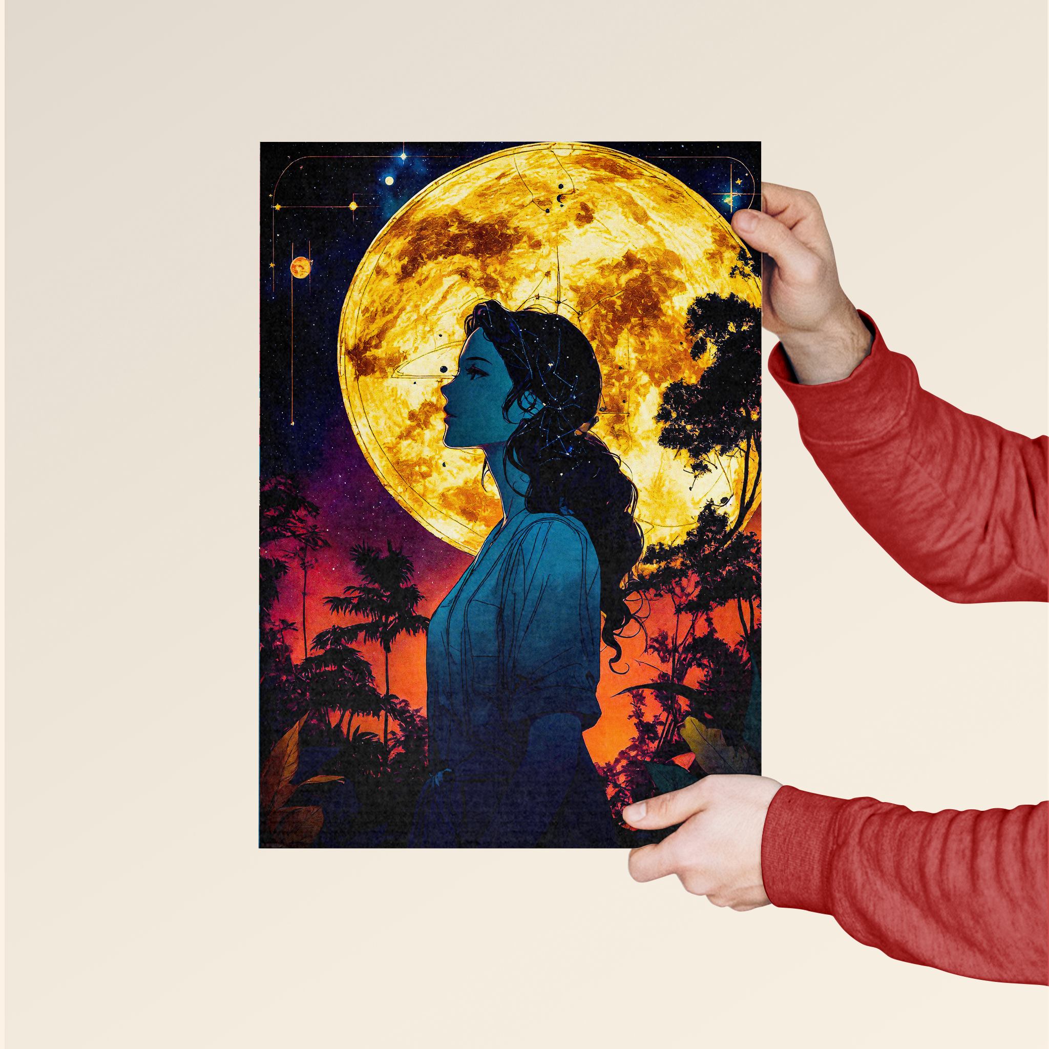 Moon Lady wall poster featuring a silhouette of a woman against a glowing moon and lush trees