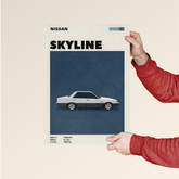 Dripster Skyline car poster featuring a classic Nissan Skyline on a blue background