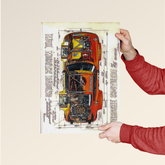 Porsche 934 Turbo racing poster by Dripster showing detailed technical drawing and side view of a vintage race car