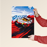 Dripster Porsche car wall poster featuring a stylized Porsche 911 race car with blue and red design elements