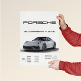 Porsche Carrera 4 GTS poster by Dripster featuring detailed specs and image of silver Porsche 911 Carrera 4 GTS