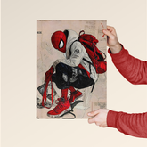 Spider-Man street style poster held by hands featuring Spider-Man in casual outfit with red backpack and sneakers