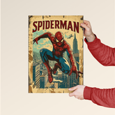 Dripster Spider-Man wall poster India featuring classic Spider-Man swinging over city skyline