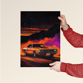 Dripster vintage Mustang GT poster with orange classic car driving at night with colorful smoke background