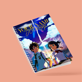 Dripster your name notebook journal featuring anime-style characters under a vibrant sky with clouds and lightning