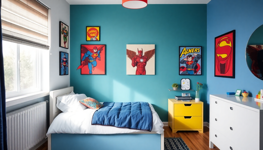 A colorful bedroom decorated with superhero posters on walls