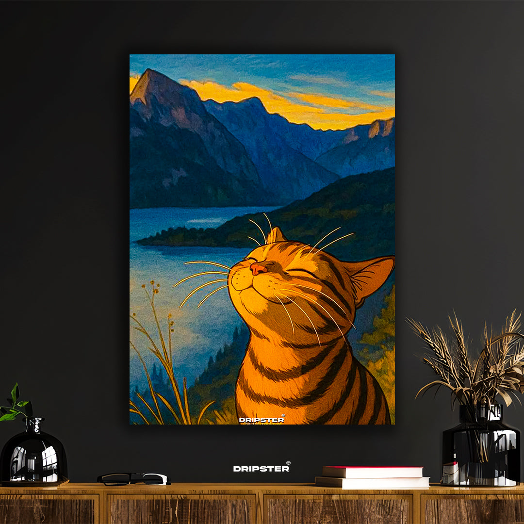 Happy Cat Sunset Mountain Lake Art Poster