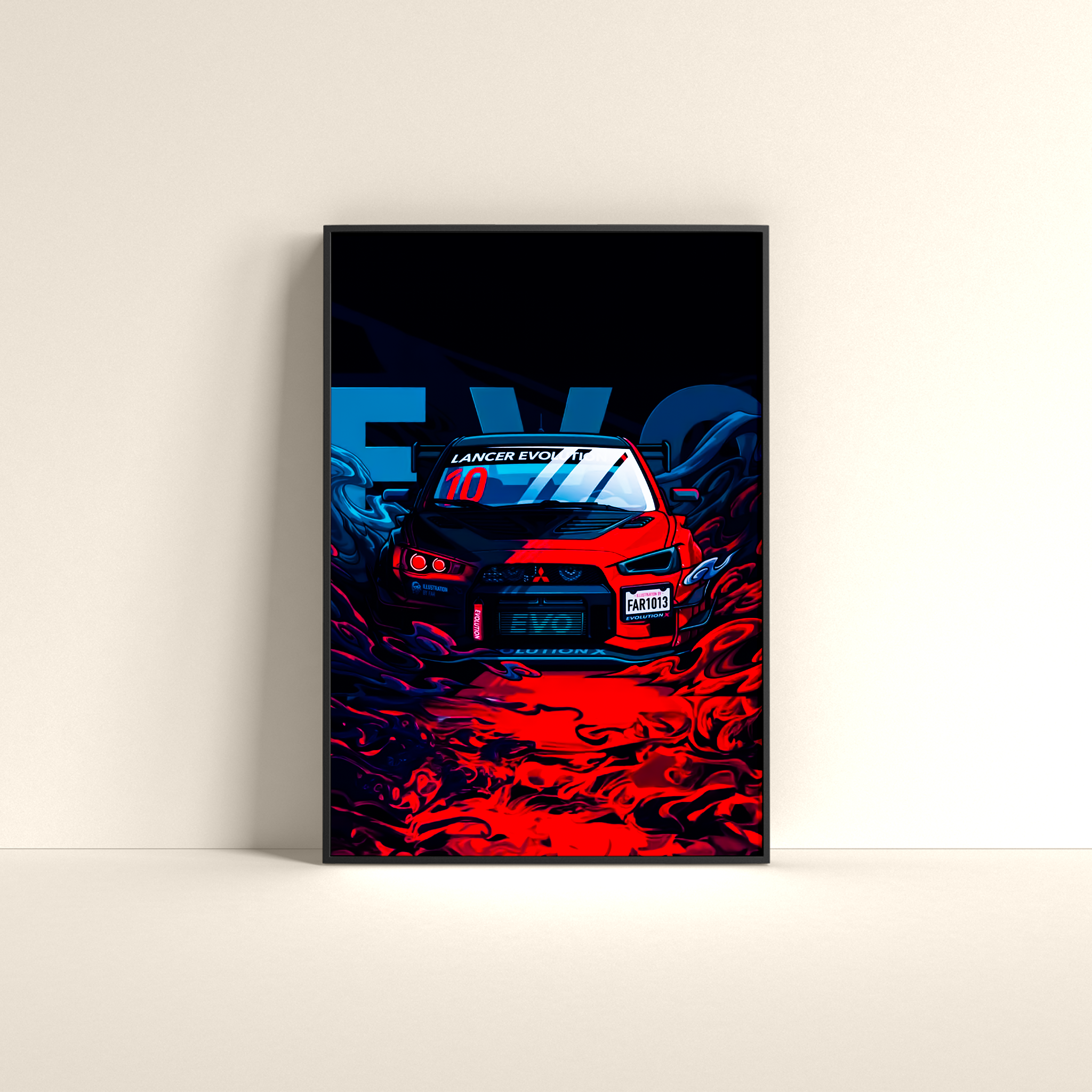 Vibrant Mitsubishi Lancer Evo poster featuring anime rulz, Halloween, and pop culture elements