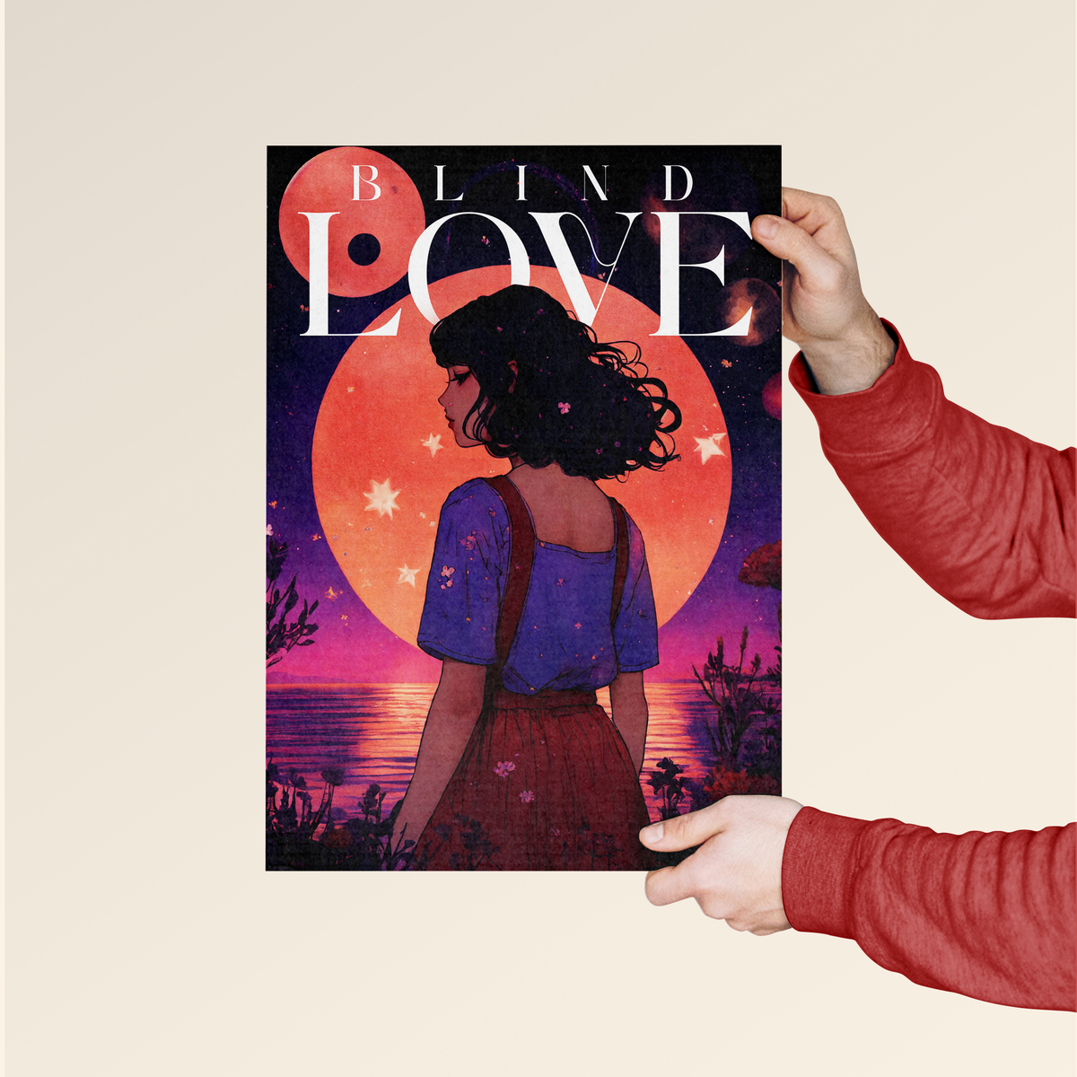 Dripster Blind Love poster art featuring woman silhouette against large moon and starry night sky