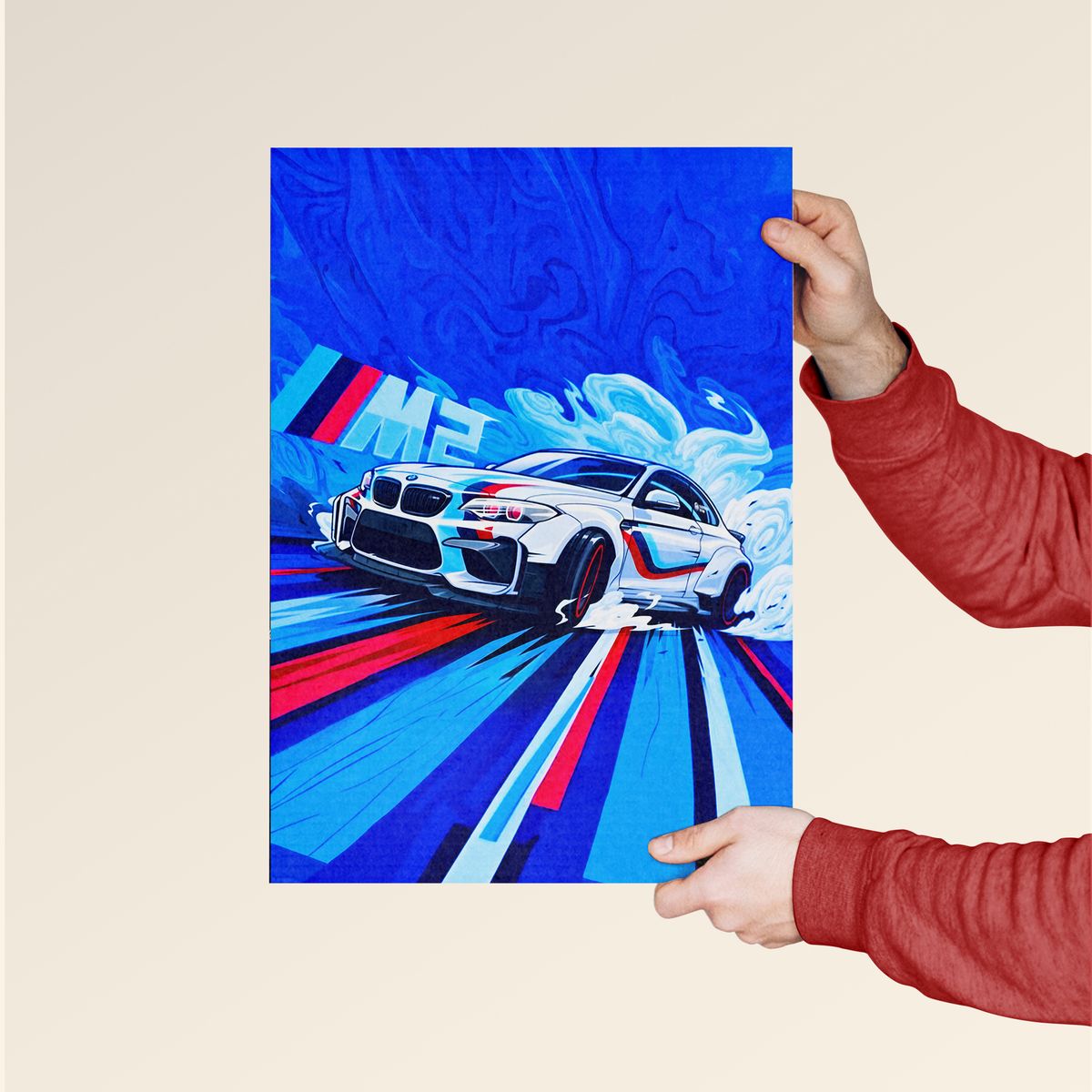 BMW M5 poster online featuring an artistic depiction of the car in motion on a vibrant blue background