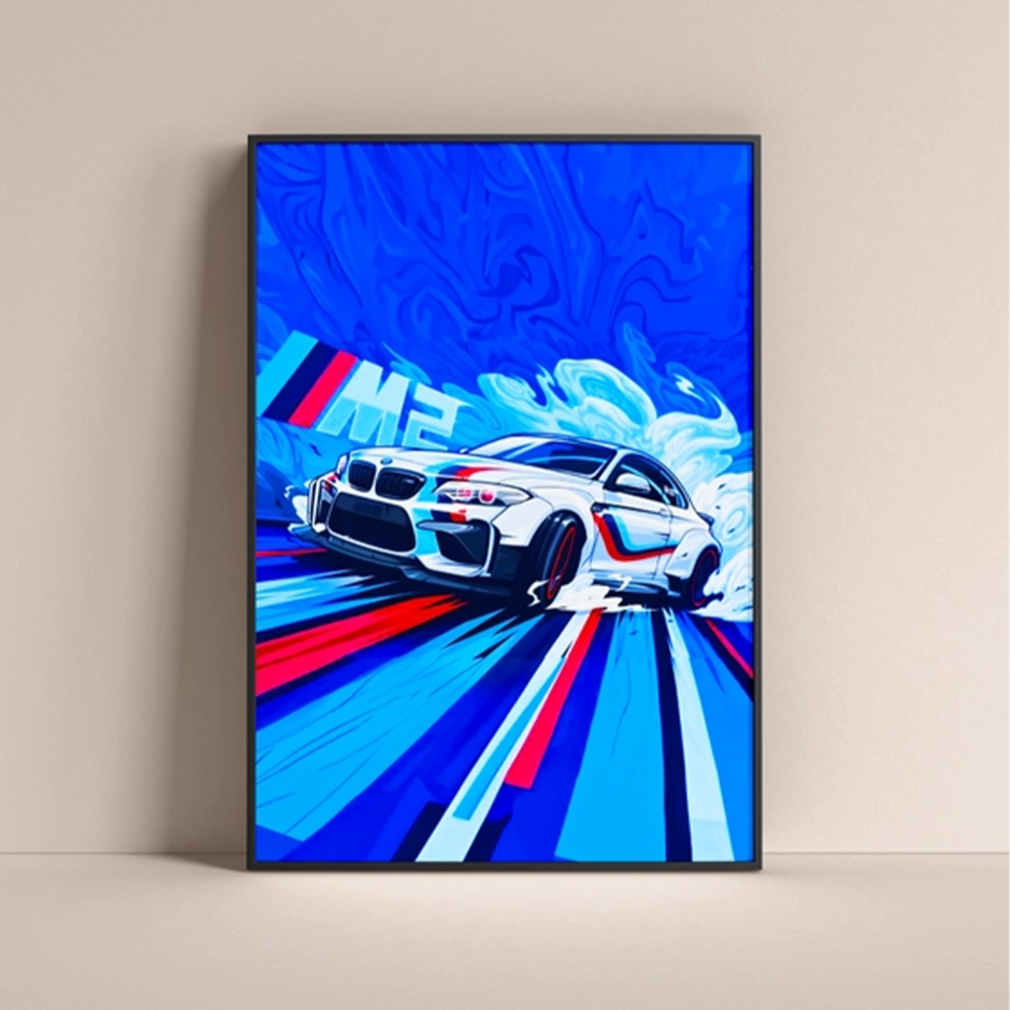 Stylish BMW M5 poster online featuring a dynamic blue and red design, perfect for car enthusiasts