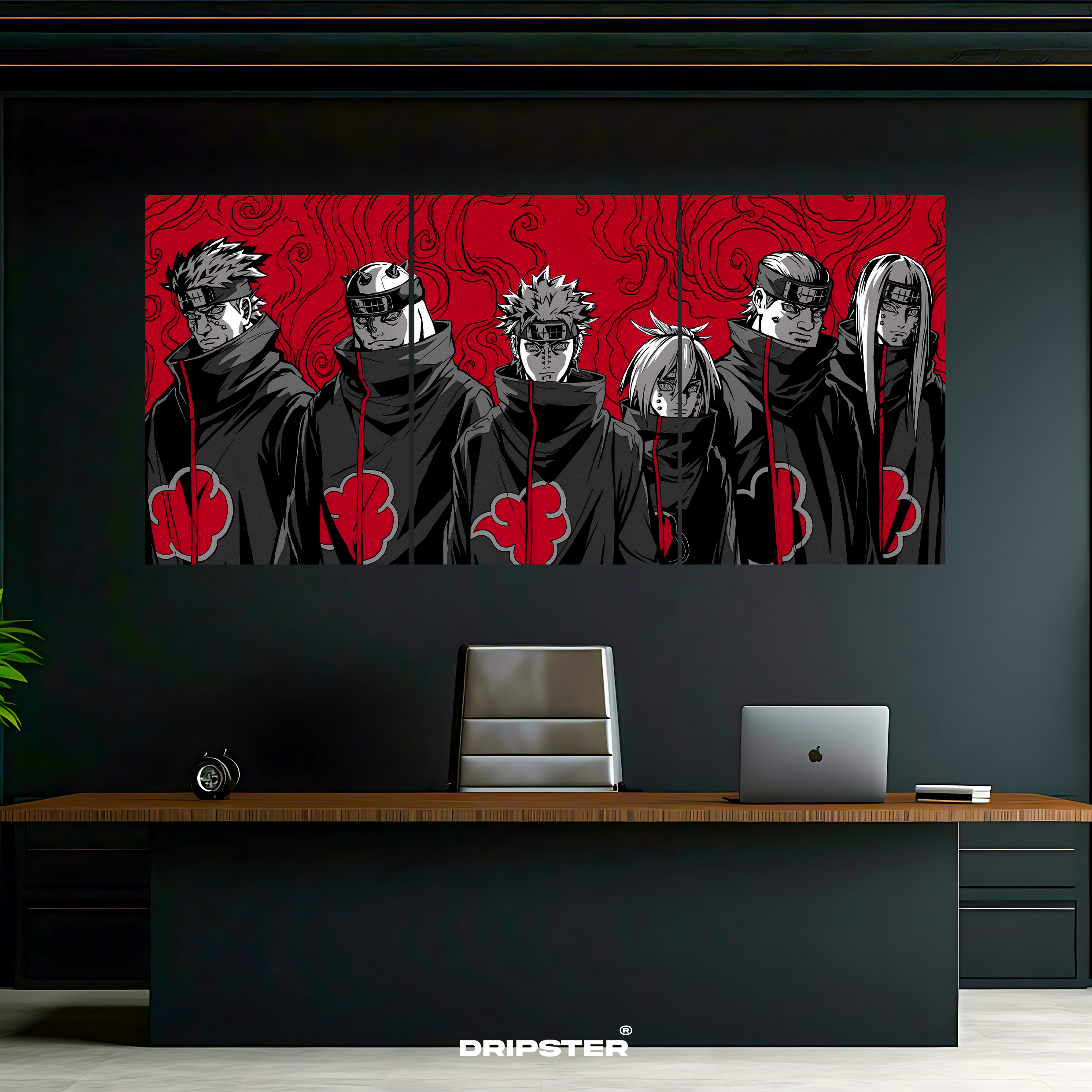 Akatsuki wall poster by Dripster featuring black cloaks and red clouds on a red background above a modern desk