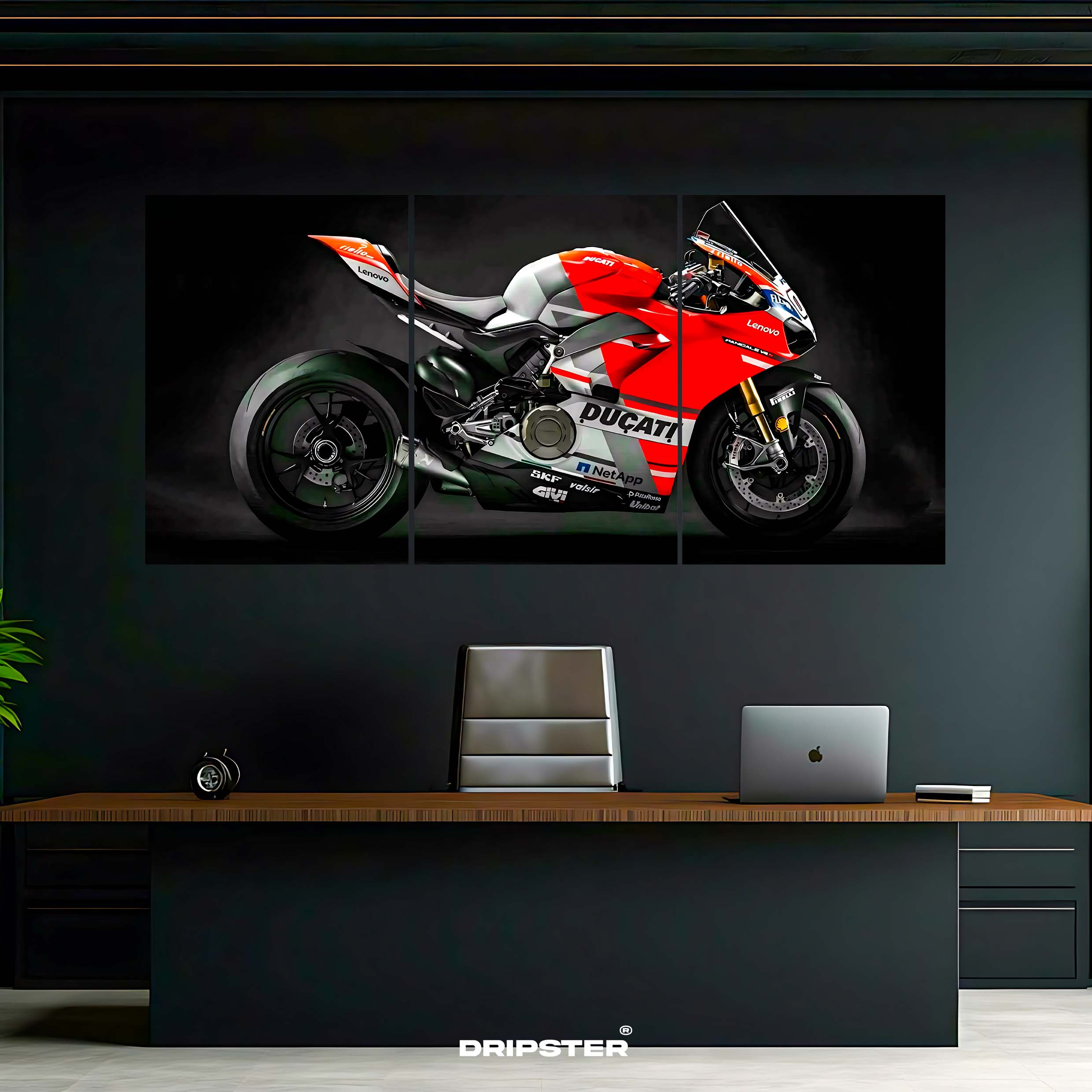 Ducati Panigale split panel poster by Dripster showing a red and white sport motorcycle on black background
