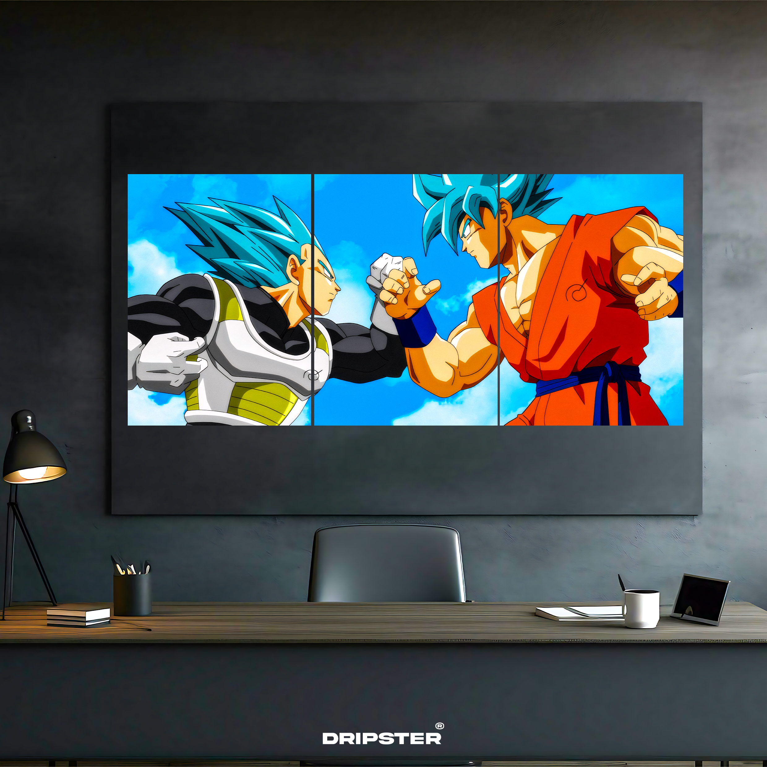 Goku Vegeta split panel poster showing blue-haired characters facing off in dynamic anime scene by Dripster