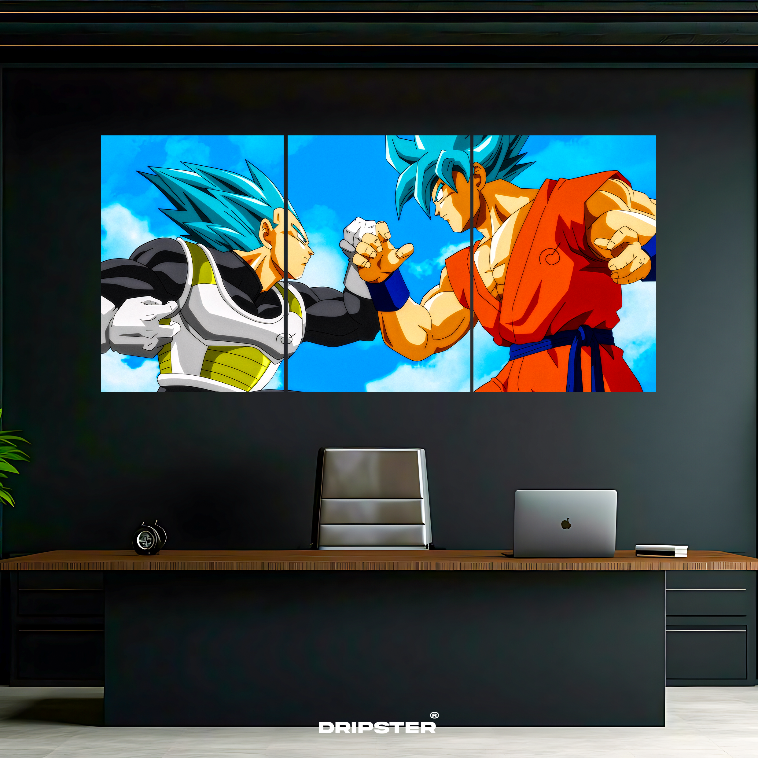 Goku Vegeta split panel poster by Dripster featuring vibrant anime characters facing off in blue sky background