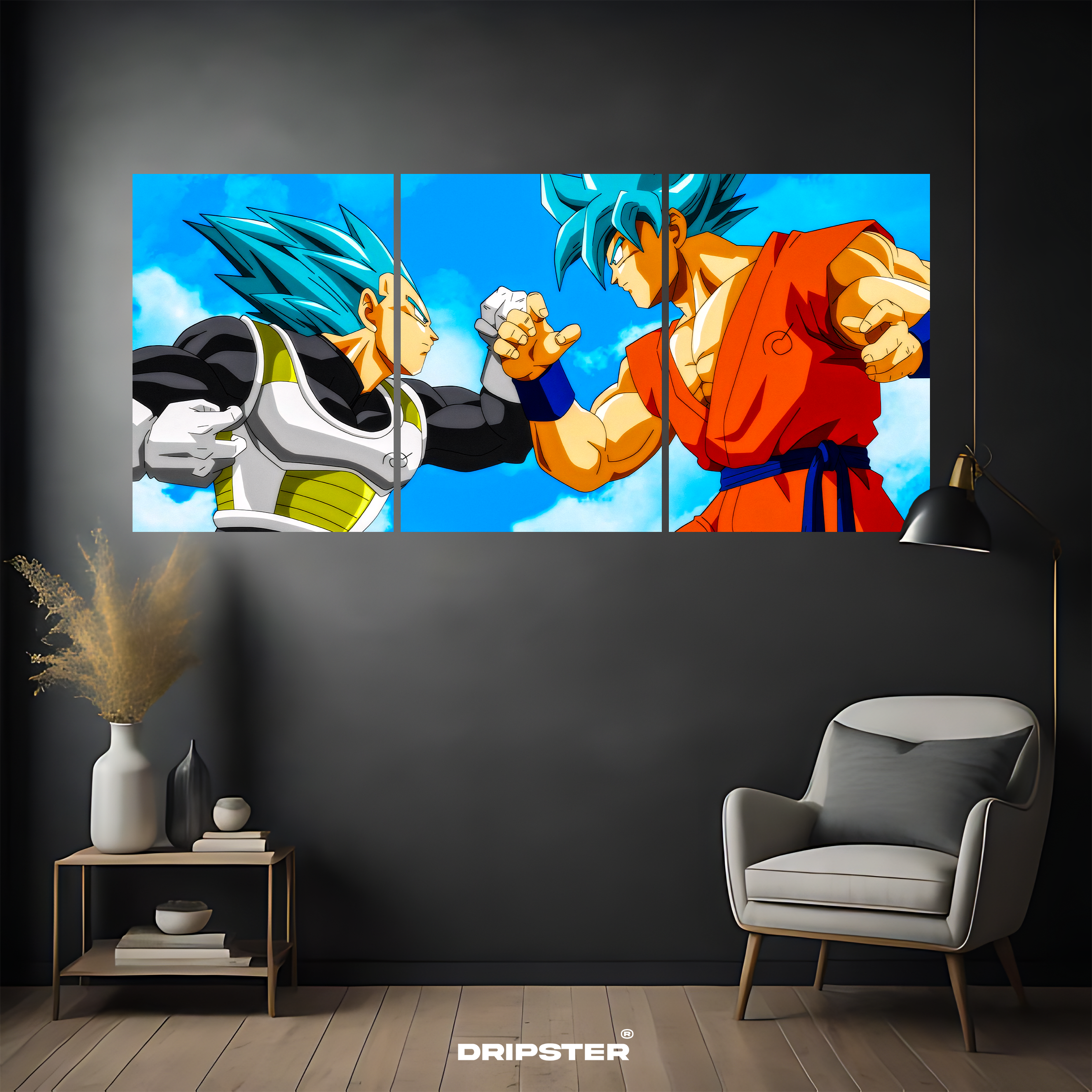 Goku Vegeta split panel poster by Dripster featuring vibrant blue-haired anime characters in dynamic battle pose