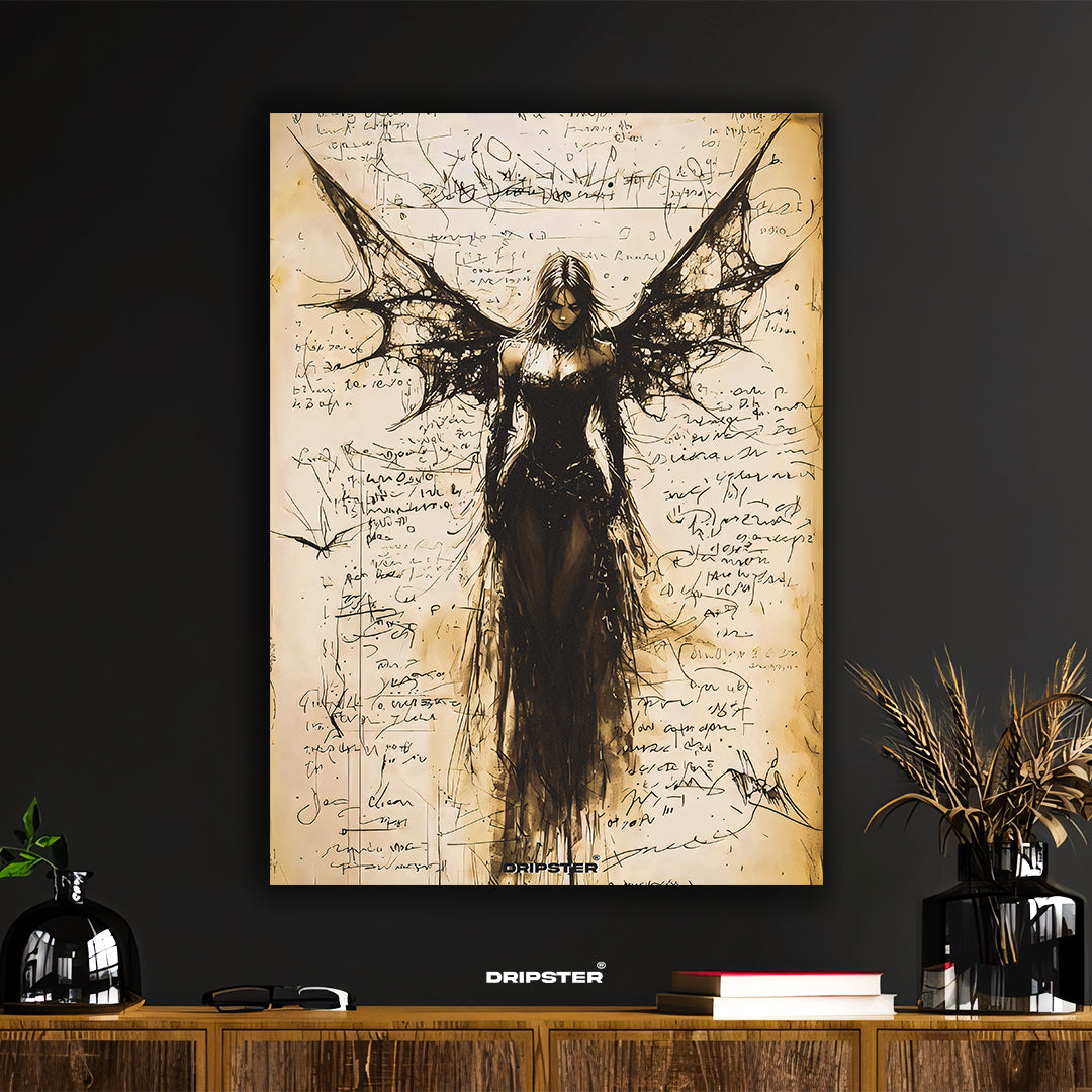 Dripster gothic fantasy poster featuring a dark winged female figure with script background