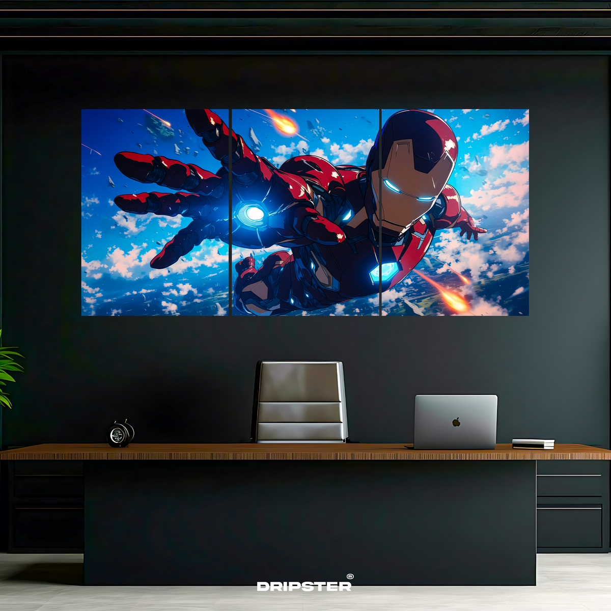 Iron Man wall poster by Dripster showing Iron Man flying with glowing eyes and hand repulsors over a cloudy sky