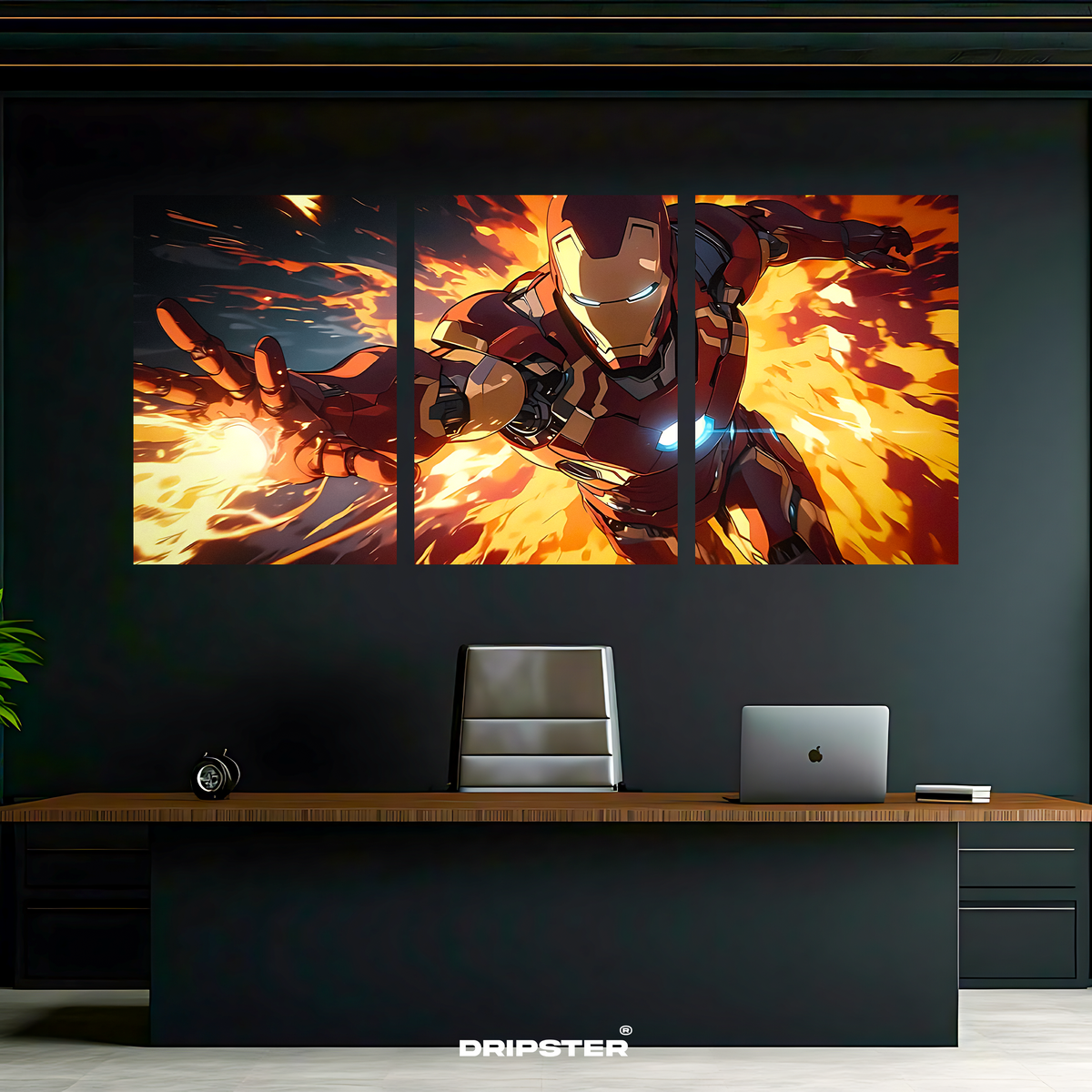 Dripster Iron Man wall poster set featuring dynamic superhero artwork in a modern office setting
